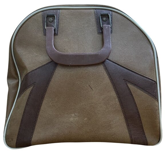 Vintage Brunswick Bowling Ball Bag Two Tone Faux Leather Tan Brown Retro Handles - Picture 1 of 9